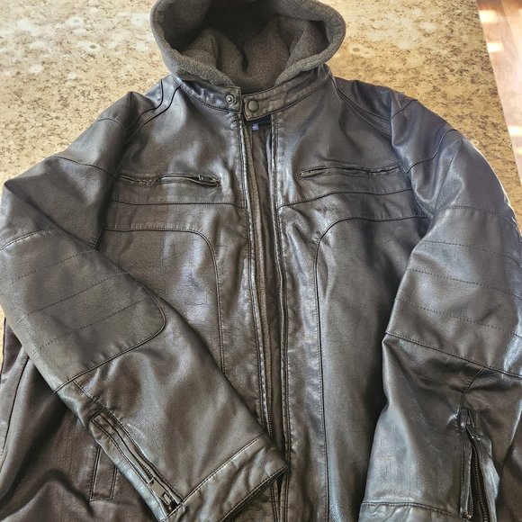 Leather look hooded black jacket Size 2XL - Picture 1 of 8